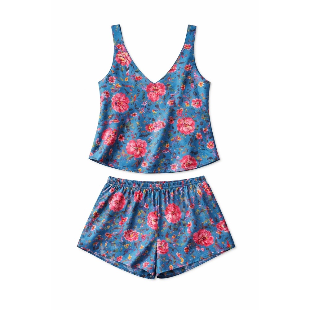 Val Mode Lingerie Pajama Set Womens S Blue‎ Floral Vintage 90s Made in USA